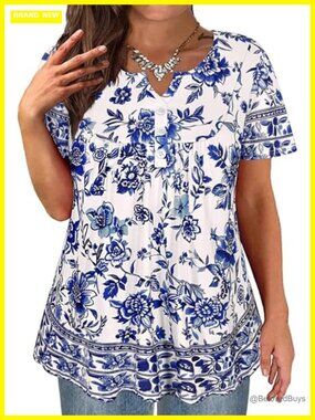 Plus Size Short Sleeve Button Up Henley Tunic Blouse Swing Top